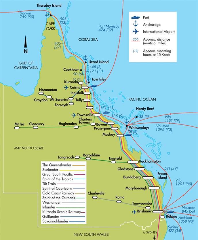 Queensland Railways Map showing Ports and Rail Networks - Queensland